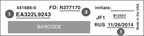 A sample Herman Miller product label, showing the locations of the Model Number, Manufacturing Date, and FO Number.