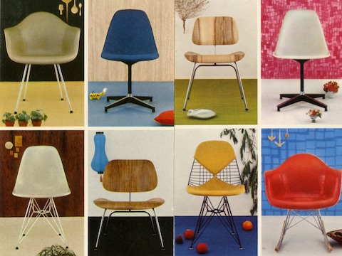 Historical images of eight chairs designed by Charles and Ray Eames. Historical images of eight chairs designed by Charles and Ray Eames.