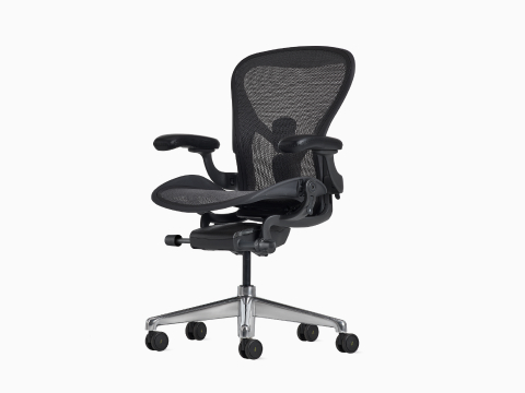 Front-angle view of an Aeron ESD Chair in size B, granite frame and suspension, and polished base.