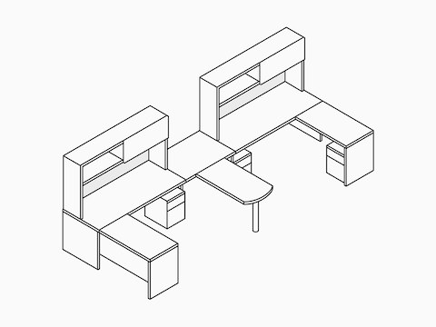 Dibujo de dos escritorios metálicos Canvas con almacenamiento superior y superficie compartida en forma de península. Seleccione para dirigirse a la página de especificaciones del escritorio metálico Canvas.