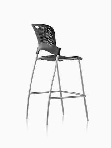 Three-quarter rear view of an armless black Caper Stacking Stool. 
