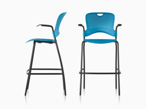 Profile and front views of two blue Caper Stacking Stools. Profile and front views of two blue Caper Stacking Stools.