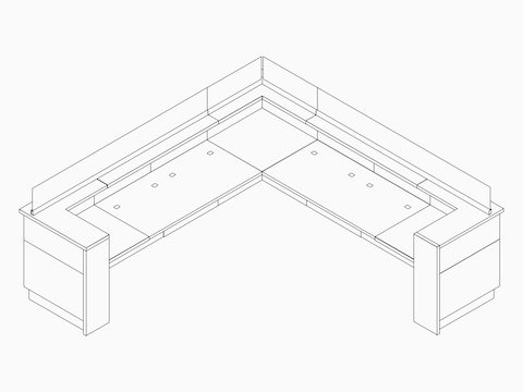 Dibujo en líneas de un mostrador de enfermería Commend en forma de L y altura de 137 cm, con tomacorrientes en la superficie y pantallas de vidrio. Dibujo en líneas de un mostrador de enfermería Commend en forma de L y altura de 137 cm, con tomacorrientes en la superficie y pantallas de vidrio.