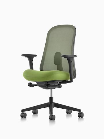 Silla Lino negra y verde con soporte lumbar sacro ajustable, vista desde el frente en ángulo.
