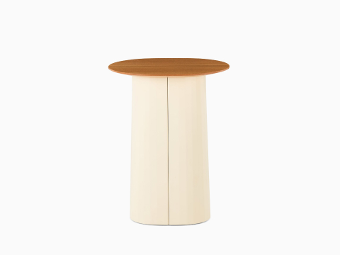 A front view of a Tun Side Table with oyster metal base and oak table top. A front view of a Tun Side Table with oyster metal base and oak table top.