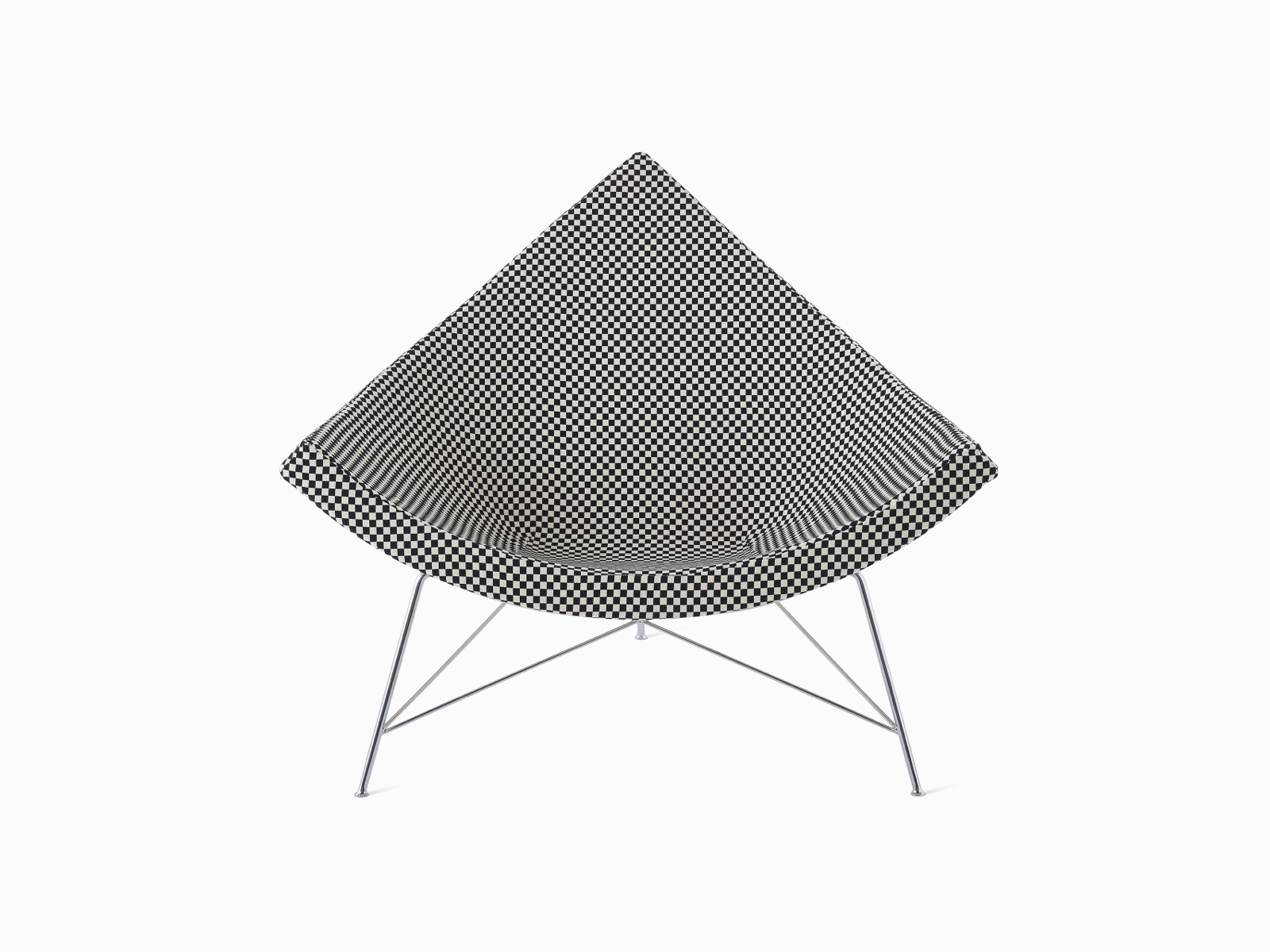 A Nelson Coconut Lounge Chair in a black and white Maharam checkerboard fabric viewed from straight on. A Nelson Coconut Lounge Chair in a black and white Maharam checkerboard fabric viewed from straight on.
