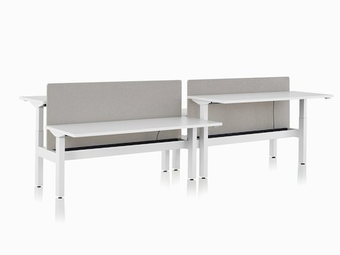 A Nevi Link standing desk system with white rectangular work surfaces and gray screens. Two of the four desks are raised to standing height.