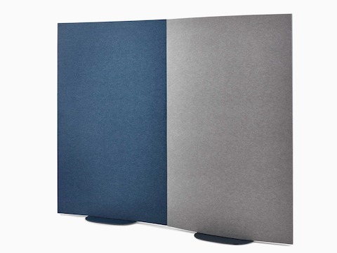 Blue and grey OE1 Curved Screens placed next to each other, viewed from an angle.