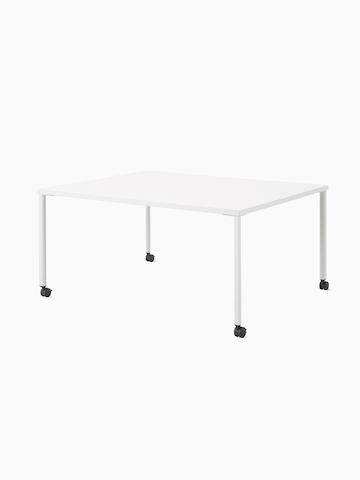Mesa de proyectos OE1 en blanco y gris con ruedas giratorias, vista desde un ángulo.